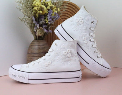 White Flowers Embroidered Sneakers