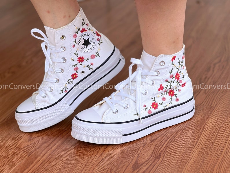 Custom Converse Red Flower Truss Embroidery