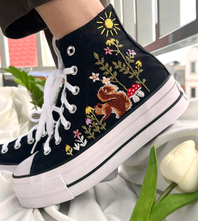Squirrel, Mushroom, and Floral Converse Embroidery