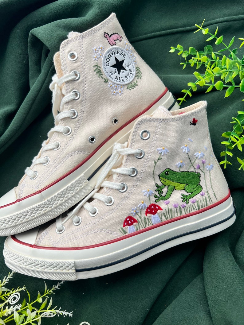 Converse High Tops Embroidered Flower, Mushrooms And Frogs