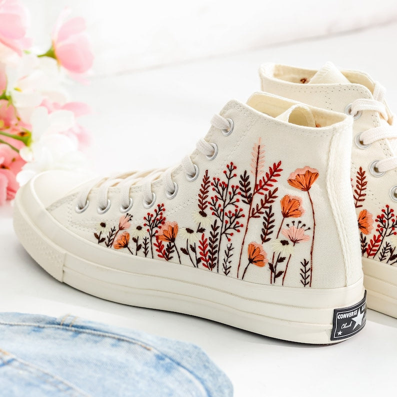 Burnt Orange Bouquet Embroidered Converse Shoes