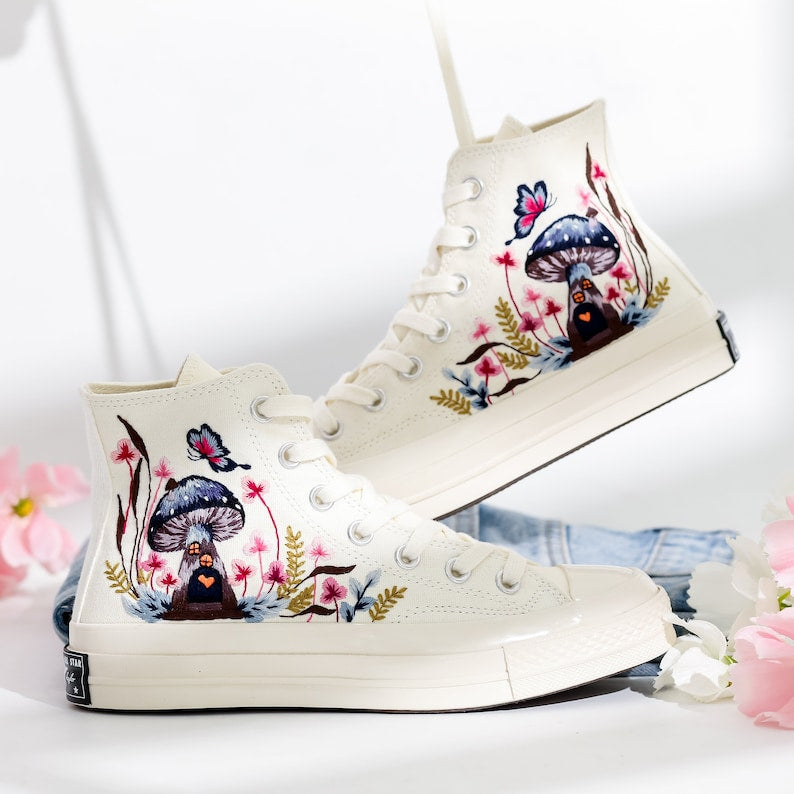 Butterfly and Mushrooms Embroidered Converse Shoes