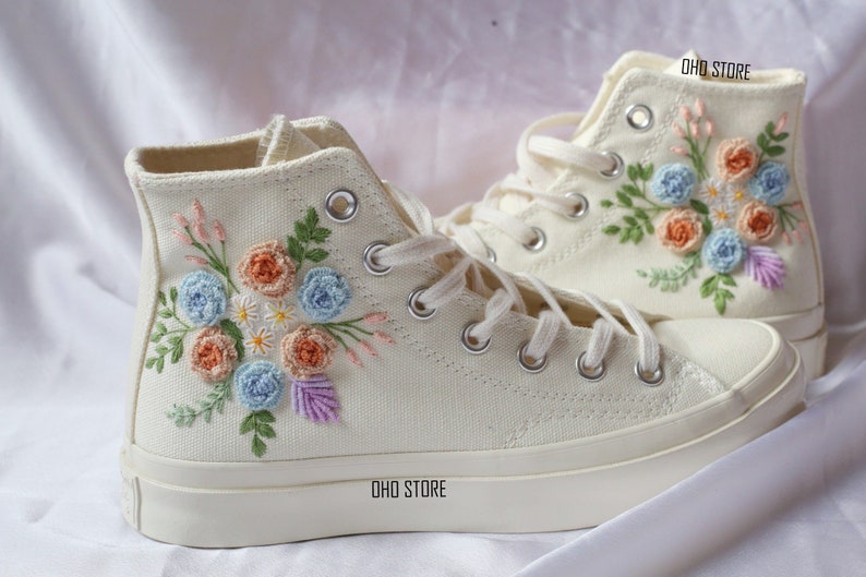 White Flowers Embroidered Sneakers for Bride