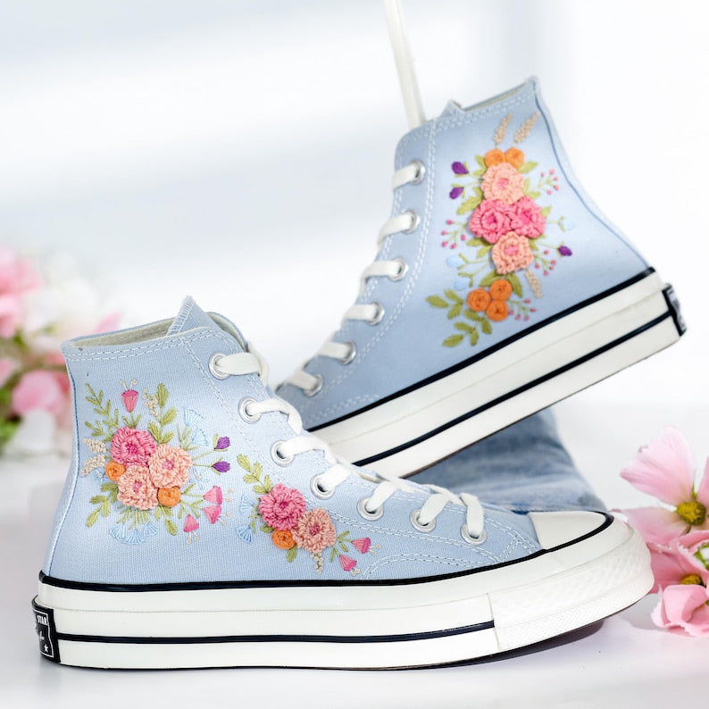 Pink Flower Embroidered Converse Shoes