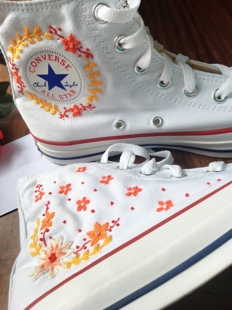 Converse Custom Orange Flower Strip Embroidery