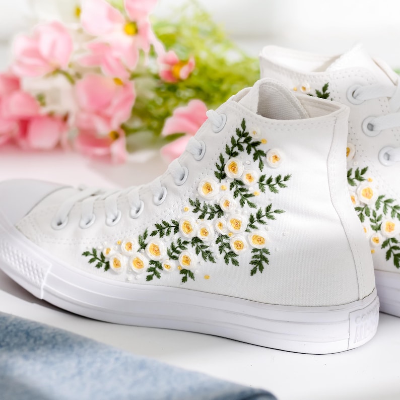 White Floral Embroidery Converse Shoes