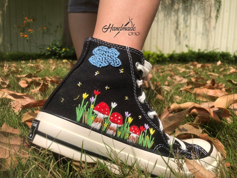 Custom mushroom, cloud and garden embroidered shoes