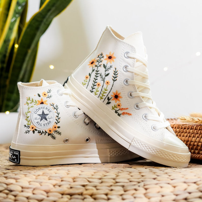 Orange Daisy Garden Converse Embroidery