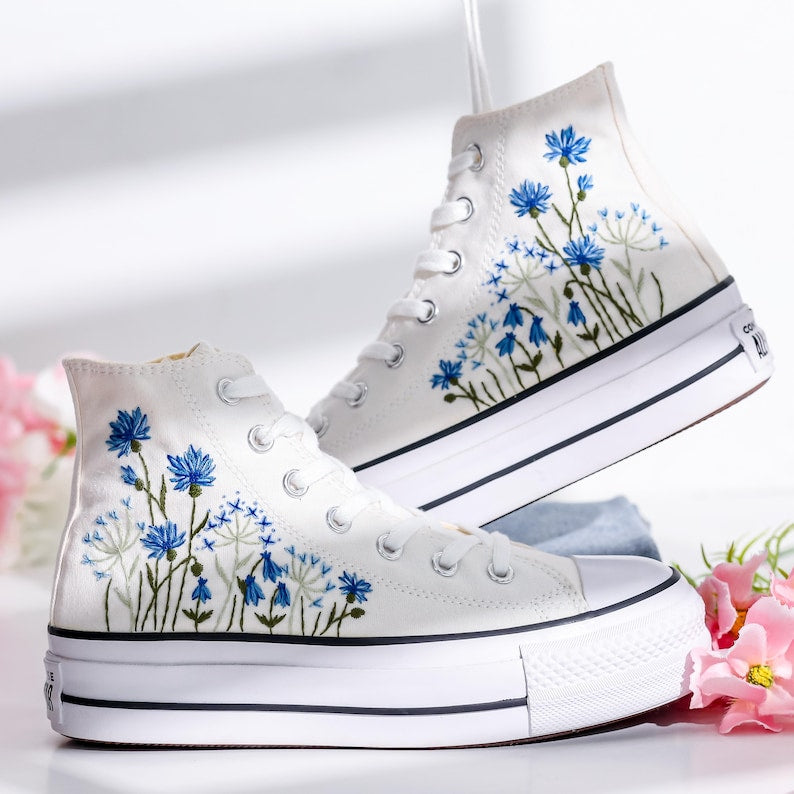 Wedding Blue Flowers Embroidered Converse Shoes