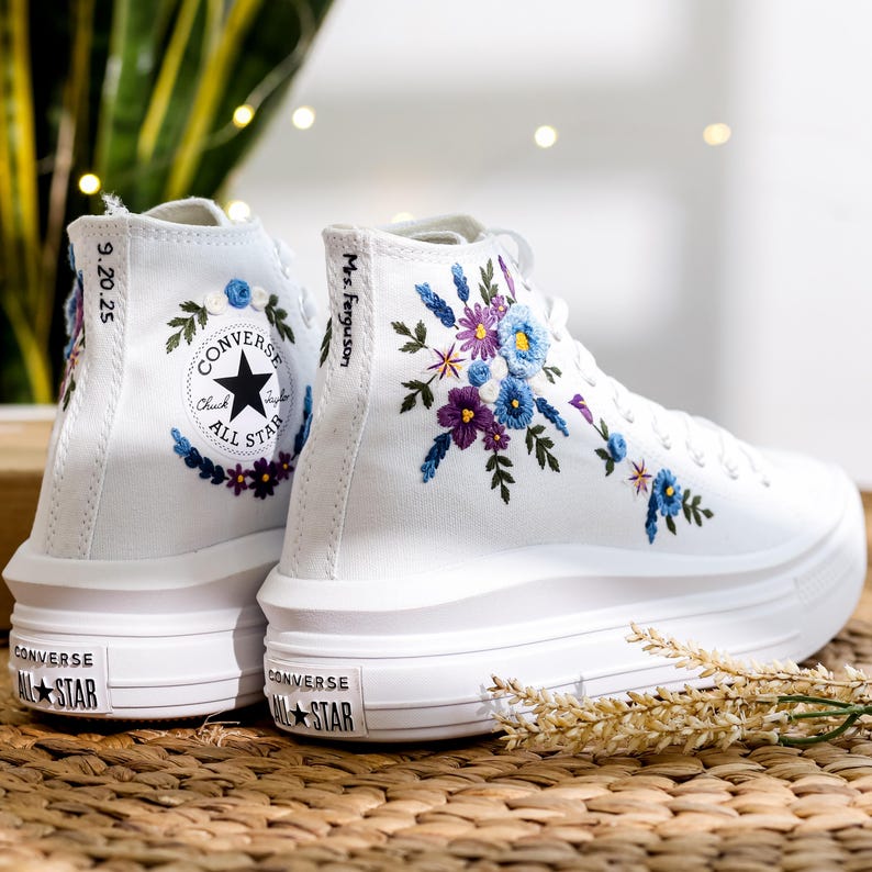 Blue Purple Floral Wedding Converse Embroidery