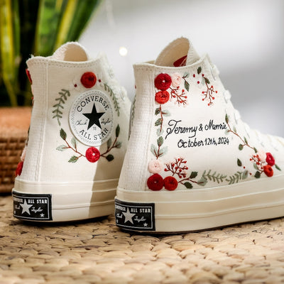 Red Rose Berry Vine Wedding Converse Embroidery