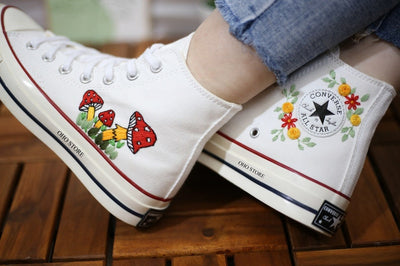 Mushroom and frog embroidered shoes