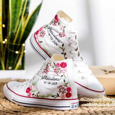 Pink Rose Berry Vine Wedding Converse Embroidery