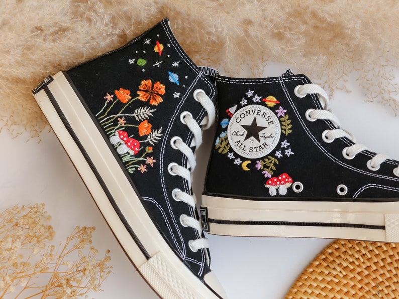 Mushroom and Orange Flower Garden Embroidered Shoes Custom High Tops