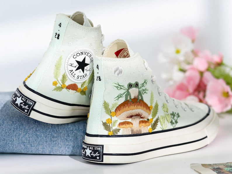 Mushroom and Frog Embroidered Converse Shoes