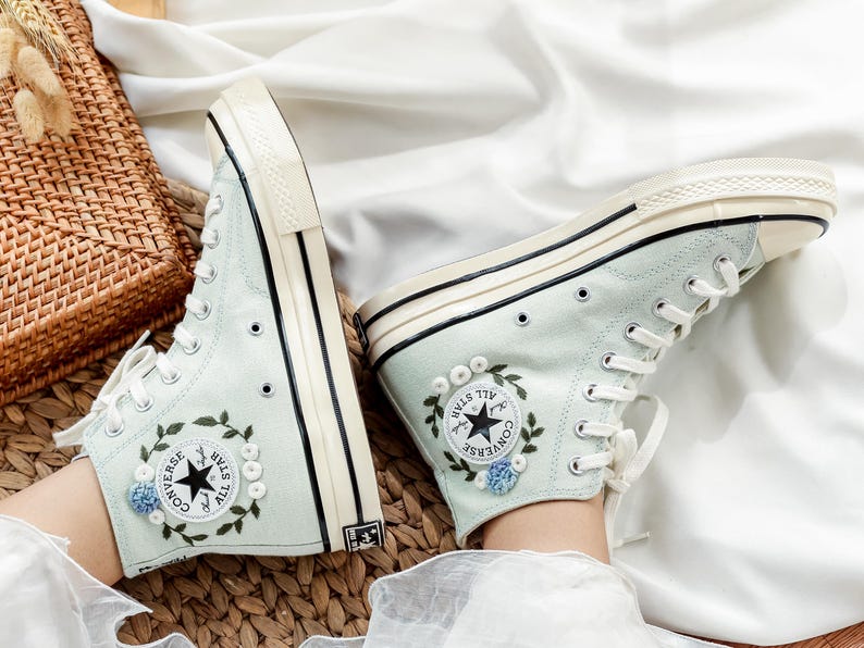 Blue White Roses Wedding Converse Embroidery