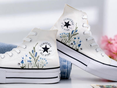 Wedding Blue Flowers Embroidered Converse Shoes