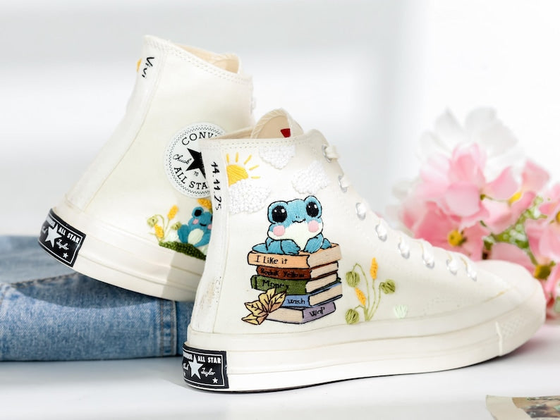 Books and Frogs Embroidered Shoes