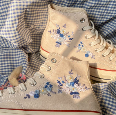 Blue Floral Wreath Converse Embroidery