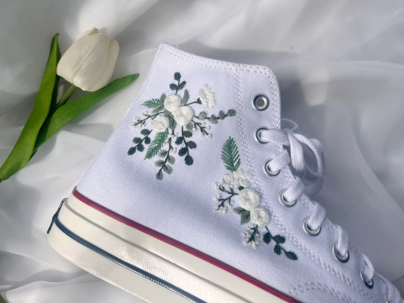 White Flower  Embroidered Converse