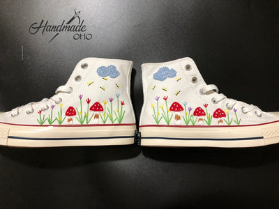 Custom mushroom, cloud and garden embroidered shoes