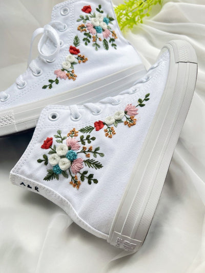 White Rose Fern Bouquet Converse Embroidery