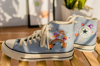 Converse High Tops Rainbow And Colorful Mushrooms Embroidered