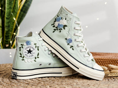 Blue White Roses Wedding Converse Embroidery