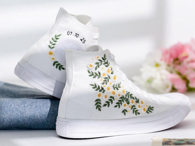 White Floral Embroidery Converse Shoes