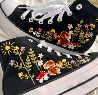 Squirrel, Mushroom, and Floral Converse Embroidery