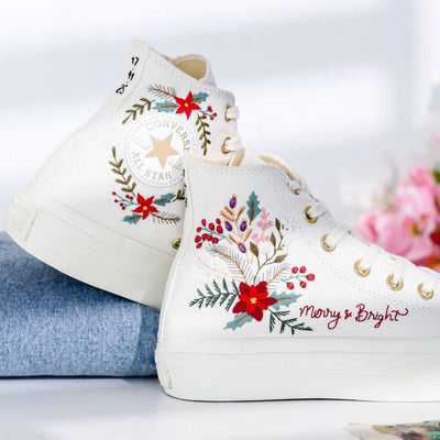 Poinsettia Flowers Embroidered Converse Shoes