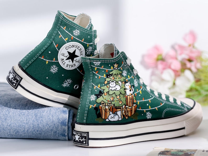 Meowy Christmas Embroidered Converse Shoes