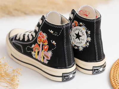 Converse Embroidery Bee Colorful Mushroom Garden High Tops