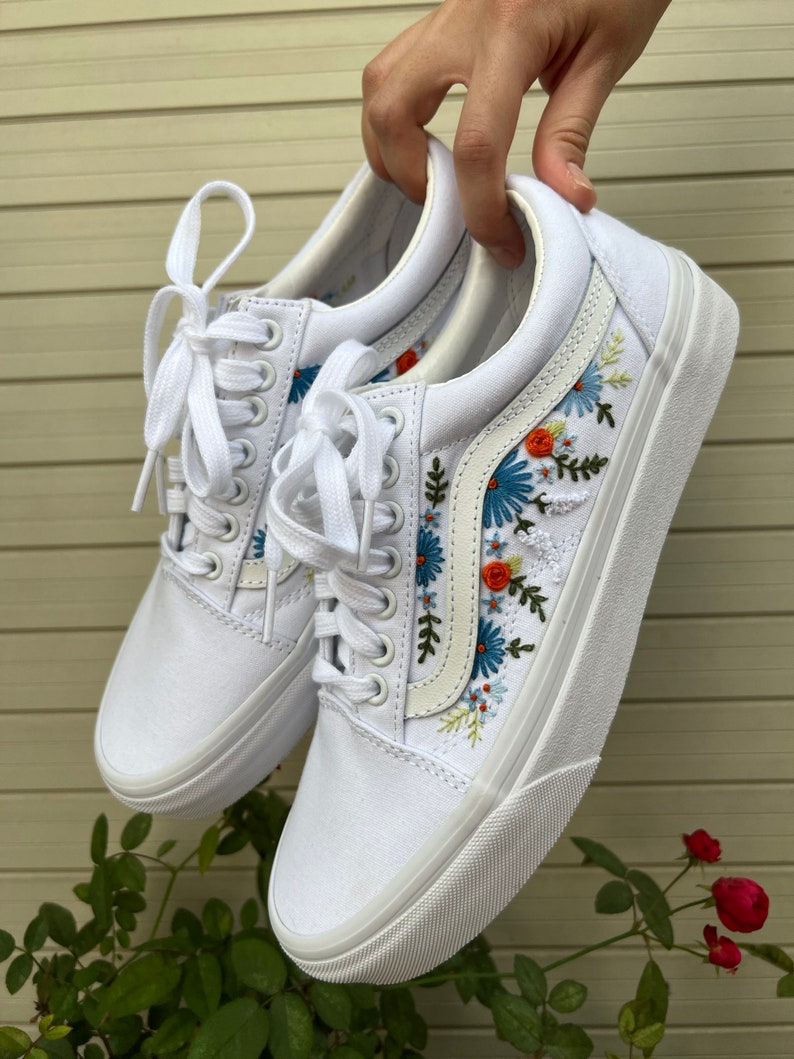 Embroidered Vans Sweet Blue Flower Garden