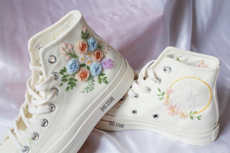 White Flowers Embroidered Sneakers for Bride