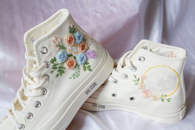 White Flowers Embroidered Sneakers for Bride