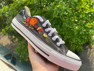 Orange & Red Floral Converse Embroidery