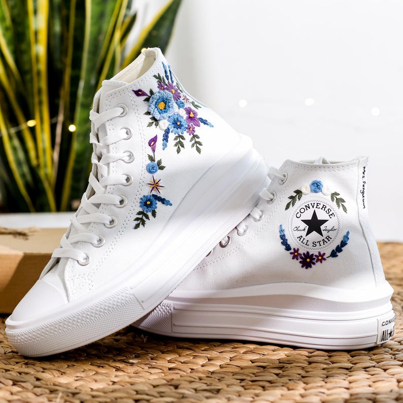Blue Purple Floral Wedding Converse Embroidery