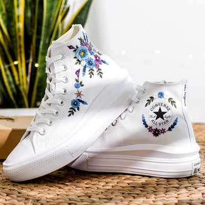 Blue Purple Floral Wedding Converse Embroidery