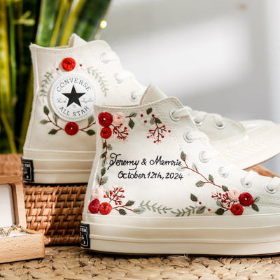 Red Rose Berry Vine Wedding Converse Embroidery