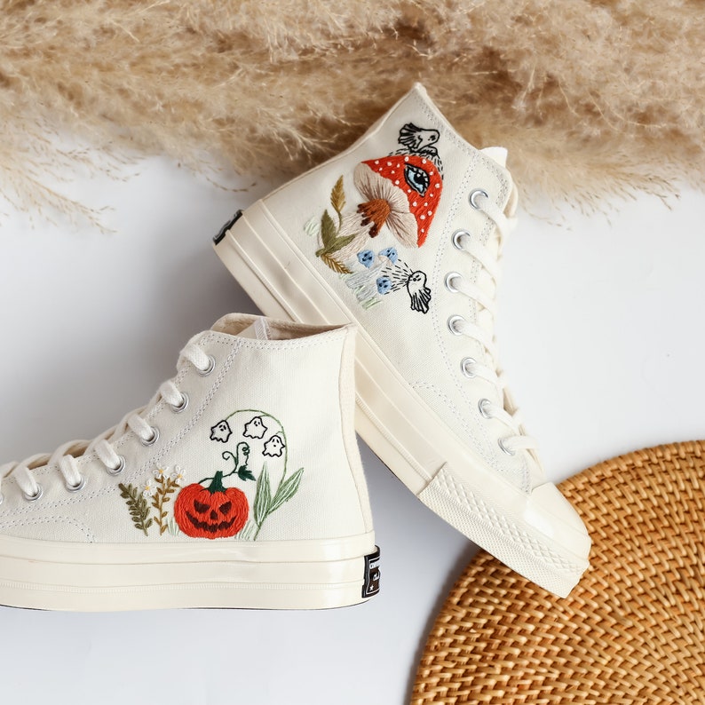 Ghosts and Mushrooms Evil Eye Embroidered Shoes Custom High Tops