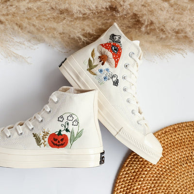 Ghosts and Mushrooms Evil Eye Embroidered Shoes Custom High Tops