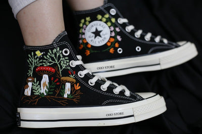 Mushroom and flower embroidery shoes