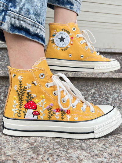 Flowers, Mushrooms And Bees Embroidery High Tops