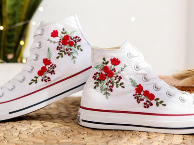 Red Rose Berry Converse Embroidery