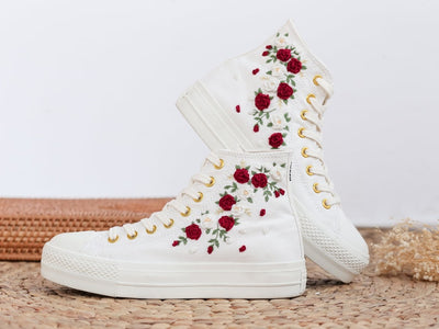 Red White Roses Wedding Converse Embroidery