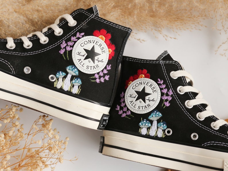 Custom Converse Embroidered Blue Mushrooms and Red Flowers High Top