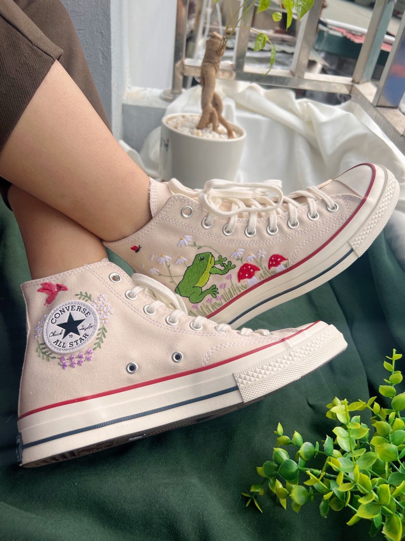 Converse High Tops Embroidered Flower, Mushrooms And Frogs