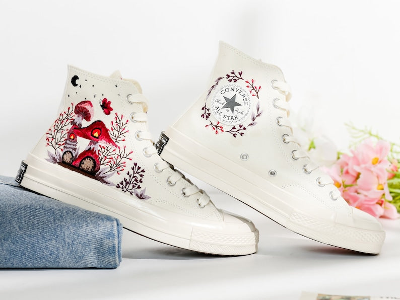 Red Mushrooms Embroidered Converse Shoes