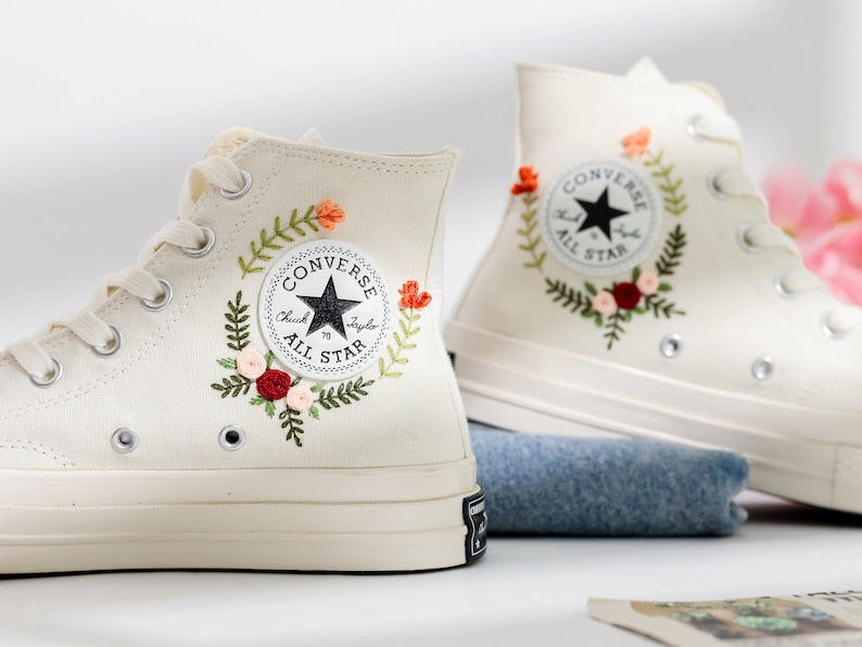 Wedding Flowers and Cat Embroidered Converse Shoes